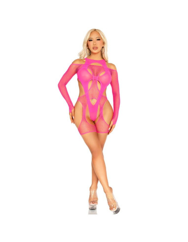 LEG AVENUE - FISHNET BODYSTOCKING WITH GARTER BELT AND HARNESS NEON PINK