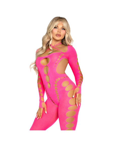 LEG AVENUE - PINK OPEN BACK BODYSTOCKING ONE SIZE