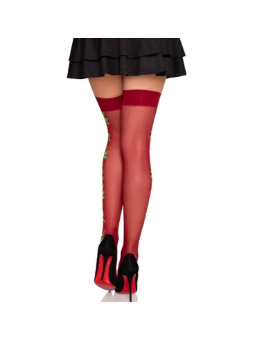 LEG AVENUE - 1957 GARTER BELT STOCKINGS WITH RED FLOWERS - ONE SIZE