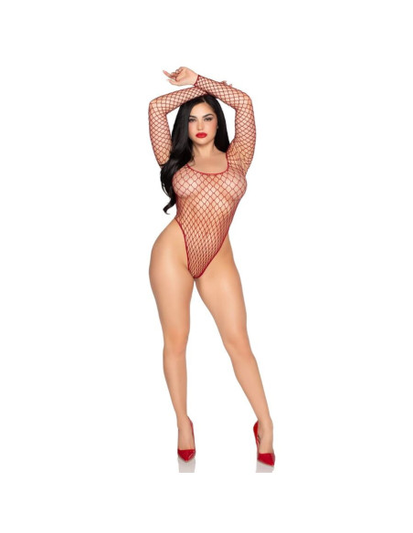 LEG AVENUE - 89377 HIGH-CUT INDUSTRIAL NET BODYSUIT RED - ONE SIZE