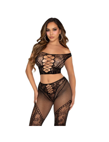 LEG AVENUE - CROP TOP AND FISHNET LEGGING WITH BARE SHOULDERS BLACK
