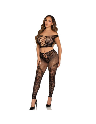 LEG AVENUE - CROP TOP AND FISHNET LEGGING WITH BARE SHOULDERS BLACK