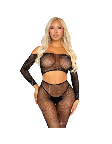 LEG AVENUE - CROP TOP AND FISHNET LEGGING WITH RHINESTONES BLACK