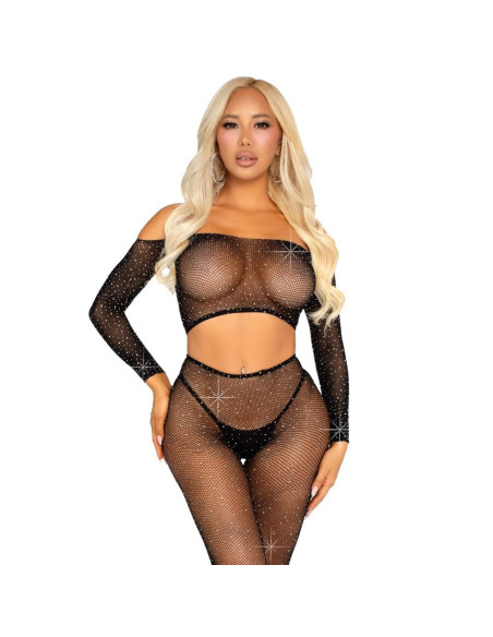 LEG AVENUE - CROP TOP AND FISHNET LEGGING WITH RHINESTONES BLACK