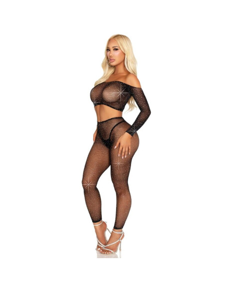 LEG AVENUE - CROP TOP AND FISHNET LEGGING WITH RHINESTONES BLACK
