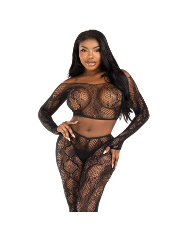 LEG AVENUE - 89373 PYTHON CROP TOP and FOOTLESS TIGHTS BLACK - ONE SIZE