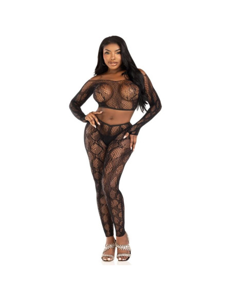 LEG AVENUE - 89373 PYTHON CROP TOP and FOOTLESS TIGHTS BLACK - ONE SIZE