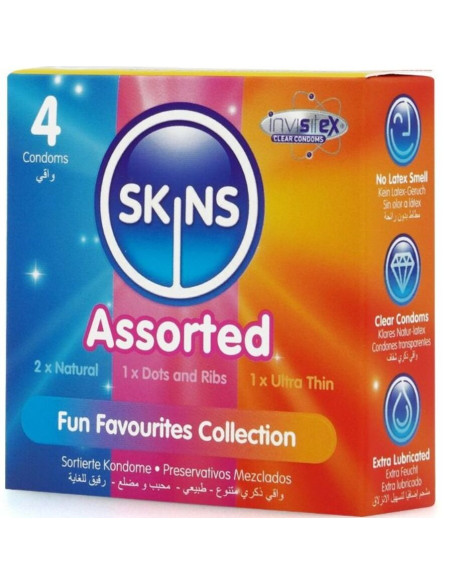 SKINS - ĮVAIRIŲ PREMIUM KLASĖS PREZERVATYVŲ PAKUOTĖ, 4 vnt.