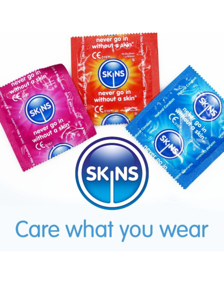 SKINS - ĮVAIRIŲ PREMIUM KLASĖS PREZERVATYVŲ PAKUOTĖ, 4 vnt.