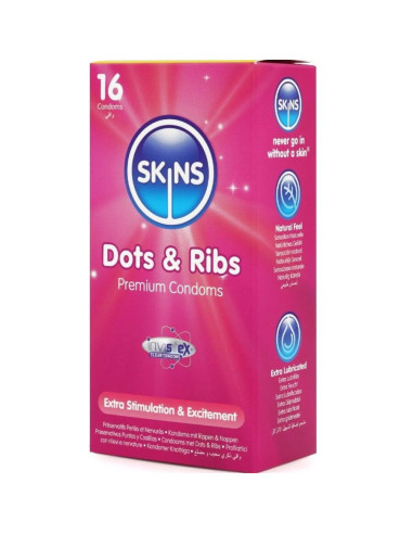 SKINS - DOTS and RIBS PREMIUM PREZERVATYVŲ PAKUOTĖ, 16 tablečių