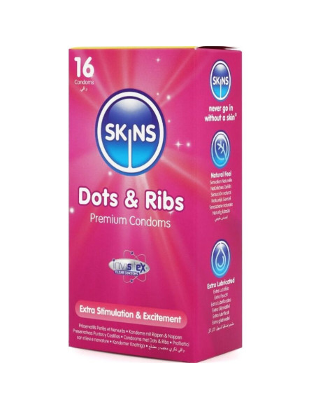 SKINS - DOTS and RIBS PREMIUM PREZERVATYVŲ PAKUOTĖ, 16 tablečių