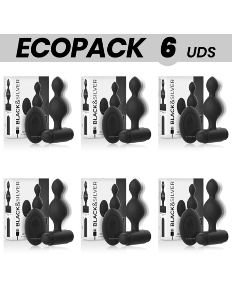 ECOPACK 6 UNITS - BLACKandSILVER TUCKER SMALL SILICONE ANAL PLUG REMOTE CONTROL