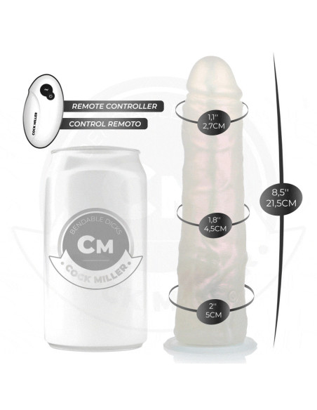 COCK MILLER - Dildo su siurbtuku, apšvietimu, vibracija ir nuotolinio valdymo pultu, baltas, 19,5 cm