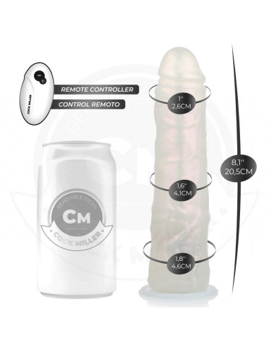 COCK MILLER - Dildo su siurbtuku, apšvietimu, vibracija ir nuotolinio valdymo pultu, baltas, 20,5 cm