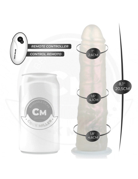 COCK MILLER - Dildo su siurbtuku, apšvietimu, vibracija ir nuotolinio valdymo pultu, baltas, 20,5 cm