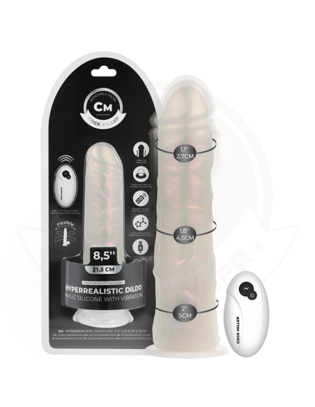 COCK MILLER - Dildo su siurbtuku, apšvietimu, vibracija ir nuotolinio valdymo pultu, baltas, 21,5 cm