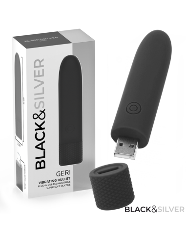 BLACK and SILVER - GERI USB RECHARGEABLE VIBRATING BULLET 8 VIBRATIONS BLACK 10 X 2.2 CM