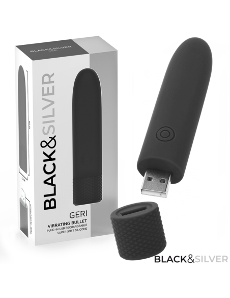 BLACK and SILVER - GERI USB RECHARGEABLE VIBRATING BULLET 8 VIBRATIONS BLACK 10 X 2.2 CM
