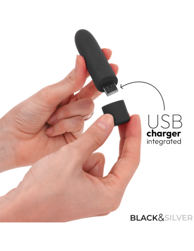 BLACK and SILVER - GERI USB RECHARGEABLE VIBRATING BULLET 8 VIBRATIONS BLACK 10 X 2.2 CM