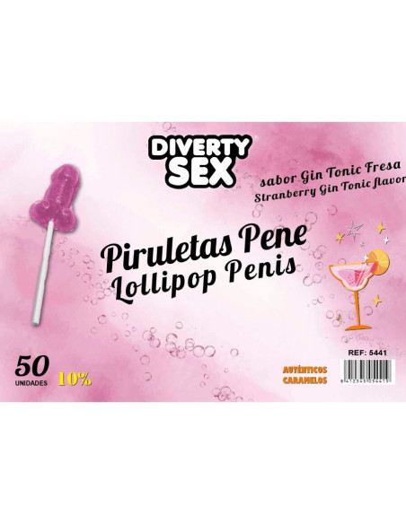 DIABLO GOLOSO - 50 PENIS LOLLIPOPS GIN TONIC STRAWBERRY FLAVOR 10 ALCOHOL