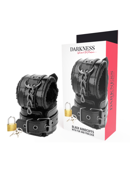 DARKNESS - BLACK ADJUSTABLE LEATHER HANDCUFFS WITH PADLOCK