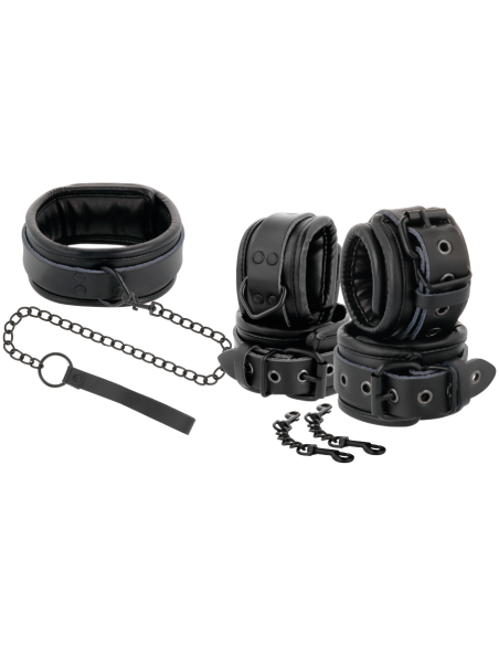 DARKNESS - BLACK LEATHER HANDCUFFS AND COLLAR