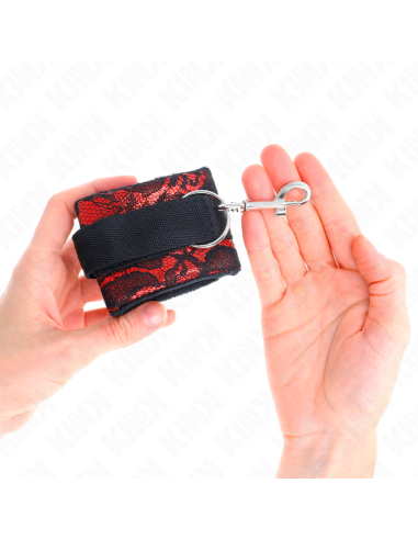 KINK - SHORT VELVET LACE WRIST RESTRAINTS AND NYLON BIND RED - BLACK 23 X 6.5 CM