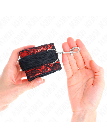 KINK - SHORT VELVET LACE WRIST RESTRAINTS AND NYLON BIND RED - BLACK 23 X 6.5 CM