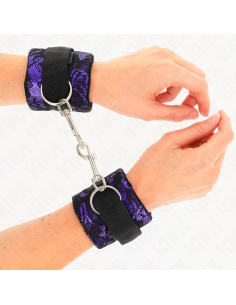 KINK - SHORT VELVET LACE WRIST RESTRAINTS AND NYLON BIND PURPLE - BLACK 23 X 6.5 CM