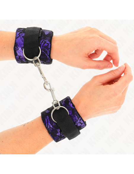 KINK - SHORT VELVET LACE WRIST RESTRAINTS AND NYLON BIND PURPLE - BLACK 23 X 6.5 CM