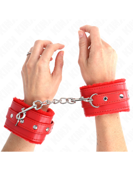 KINK - PREMIUM FUR LINED WRIST RESTRAINTS RED WITH RED BELT ADJUSTABLE 17-29 CM X 6 CM