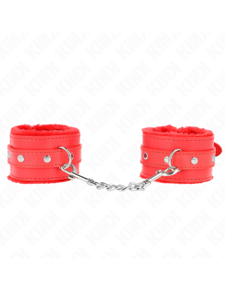 KINK - PREMIUM FUR LINED WRIST RESTRAINTS RED WITH RED BELT ADJUSTABLE 17-29 CM X 6 CM