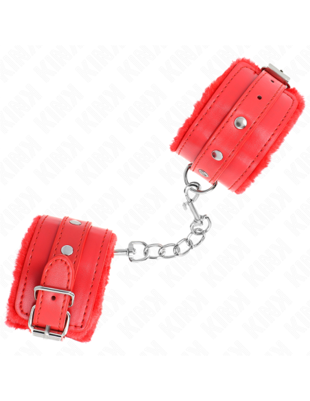 KINK - PREMIUM FUR LINED WRIST RESTRAINTS RED WITH RED BELT ADJUSTABLE 17-29 CM X 6 CM