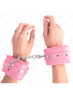 KINK - aukščiausios kokybės kailio pamušalu išklotos riešo apsaugos rožinės spalvos su rožiniu diržu, reguliuojamas 17–29 CM x 6