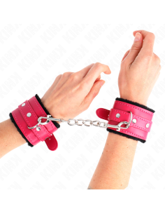 KINK - PREMIUM FUR LINED WRIST RESTRAINTS BLACK WITH RASPBERRY ROSE BELT ADJUSTABLE 17-29 CM X 6 CM
