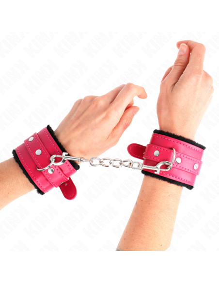 KINK - PREMIUM FUR LINED WRIST RESTRAINTS BLACK WITH RASPBERRY ROSE BELT ADJUSTABLE 17-29 CM X 6 CM