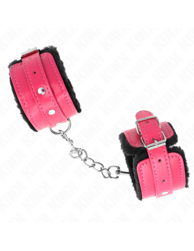 KINK - PREMIUM FUR LINED WRIST RESTRAINTS BLACK WITH RASPBERRY ROSE BELT ADJUSTABLE 17-29 CM X 6 CM