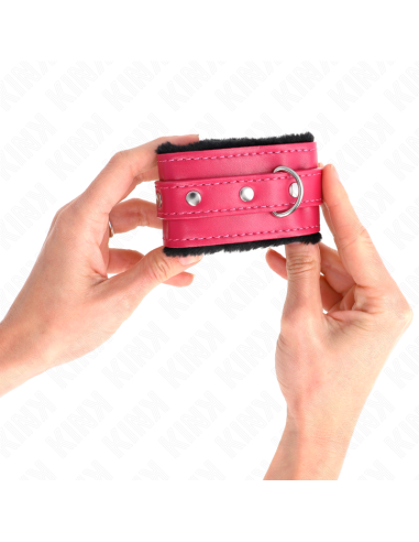 KINK - aukščiausios kokybės kailio pamušalu išklotos riešo apsaugos, juodos spalvos su aviečių ir rožės spalvos diržu, reguliuoj