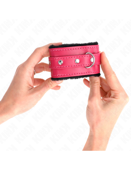 KINK - PREMIUM FUR LINED WRIST RESTRAINTS BLACK WITH RASPBERRY ROSE BELT ADJUSTABLE 17-29 CM X 6 CM