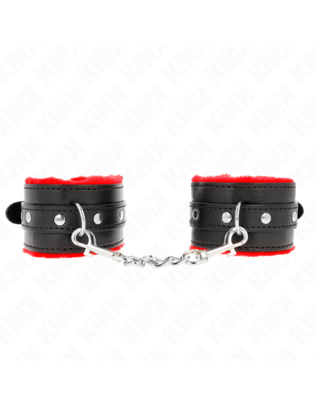 KINK - PREMIUM FUR LINED WRIST RESTRAINTS RED WITH BLACK BELT ADJUSTABLE 17-29 CM X 6 CM