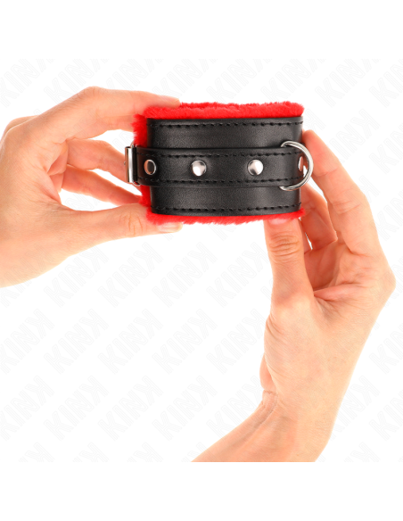 KINK - PREMIUM FUR LINED WRIST RESTRAINTS RED WITH BLACK BELT ADJUSTABLE 17-29 CM X 6 CM