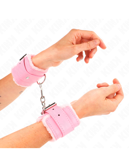KINK - FUR LINED WRIST RESTRAINTS PINK WITH PINK BELT ADJUSTABLE 17-29 CM X 6 CM