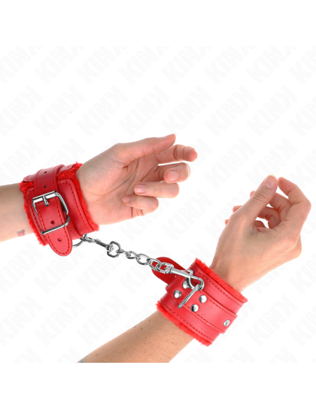 KINK - FUR LINED WRIST RESTRAINTS RED WITH RED BELT ADJUSTABLE 17-29 CM X 6 CM