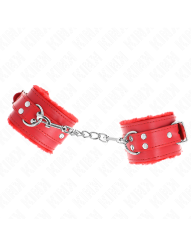 KINK - FUR LINED WRIST RESTRAINTS RED WITH RED BELT ADJUSTABLE 17-29 CM X 6 CM