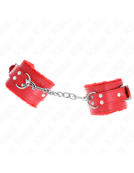 KINK - FUR LINED WRIST RESTRAINTS RED WITH RED BELT ADJUSTABLE 17-29 CM X 6 CM