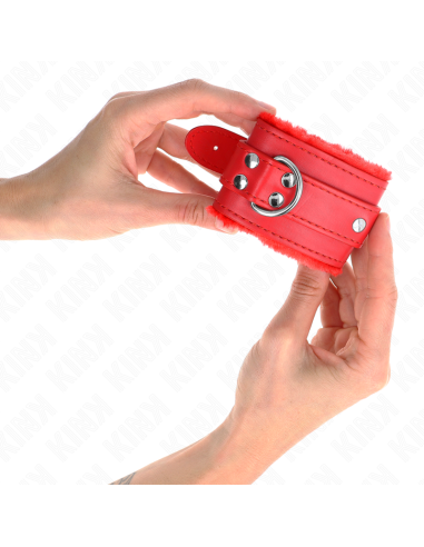 KINK - FUR LINED WRIST RESTRAINTS RED WITH RED BELT ADJUSTABLE 17-29 CM X 6 CM
