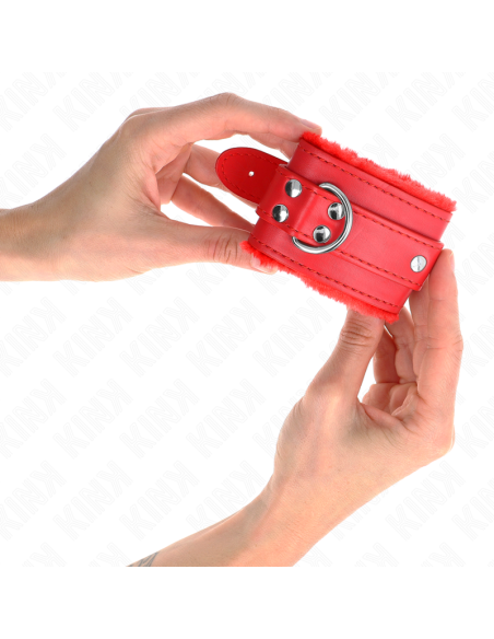 KINK - FUR LINED WRIST RESTRAINTS RED WITH RED BELT ADJUSTABLE 17-29 CM X 6 CM
