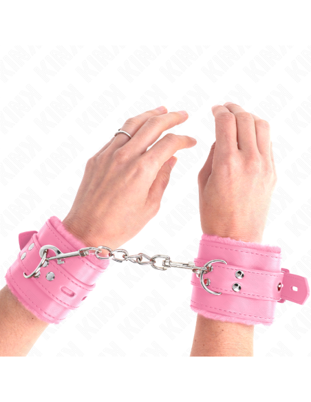KINK - FUR LINED WRIST RESTRAINTS WITH SQUARE HOLES PINK AND PINK BELT ADJUSTABLE 17-29 CM X 6 CM