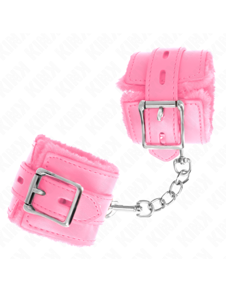 KINK - FUR LINED WRIST RESTRAINTS WITH SQUARE HOLES PINK AND PINK BELT ADJUSTABLE 17-29 CM X 6 CM