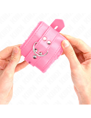 KINK - FUR LINED WRIST RESTRAINTS WITH SQUARE HOLES PINK AND PINK BELT ADJUSTABLE 17-29 CM X 6 CM